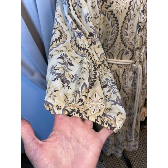 Harlow & Rose L  Boho Style Midi Dress Cream Paisley Floral Print Belt Dress - Picture 4 of 12